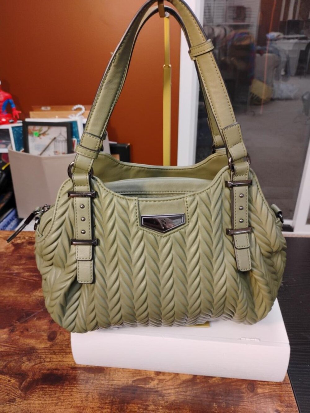 Simply Vera Vera Wang Olive Green Ruched Braided Shoulder Satchel Bag